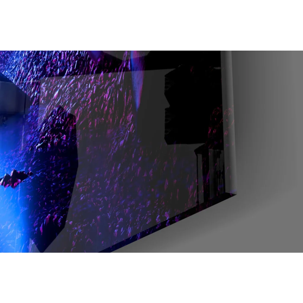 Neon Portal tempered glass wall art with cosmic crystals and swirling purple blue particles