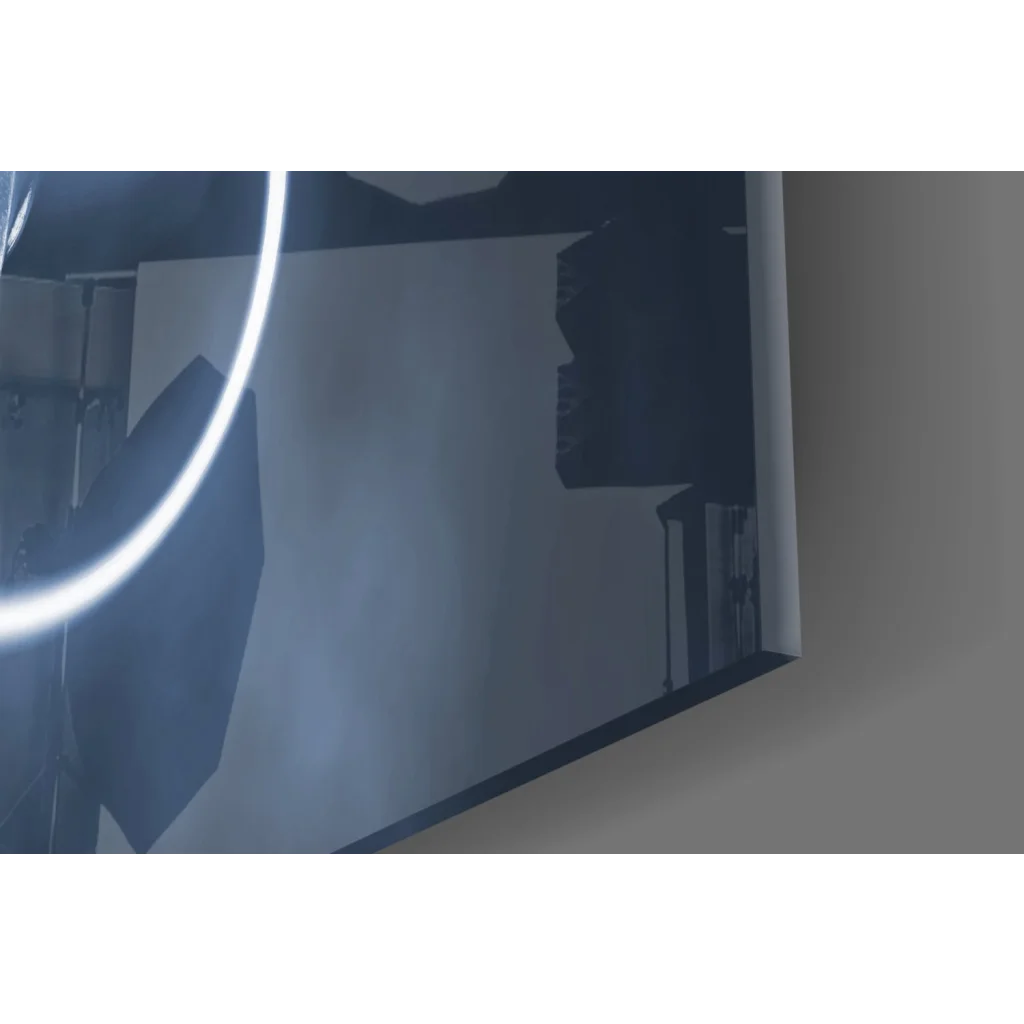 Sleek dark-framed glass wall art mirror with distorted neon reflections