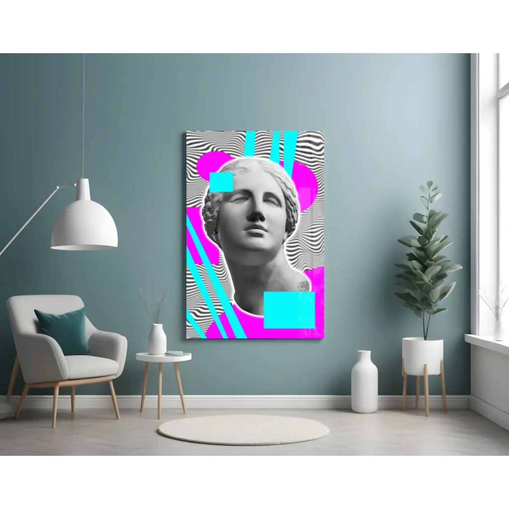 Vibrant pop art marble bust glass wall art with neon geometric design