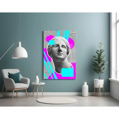 Vibrant pop art marble bust glass wall art with neon geometric design