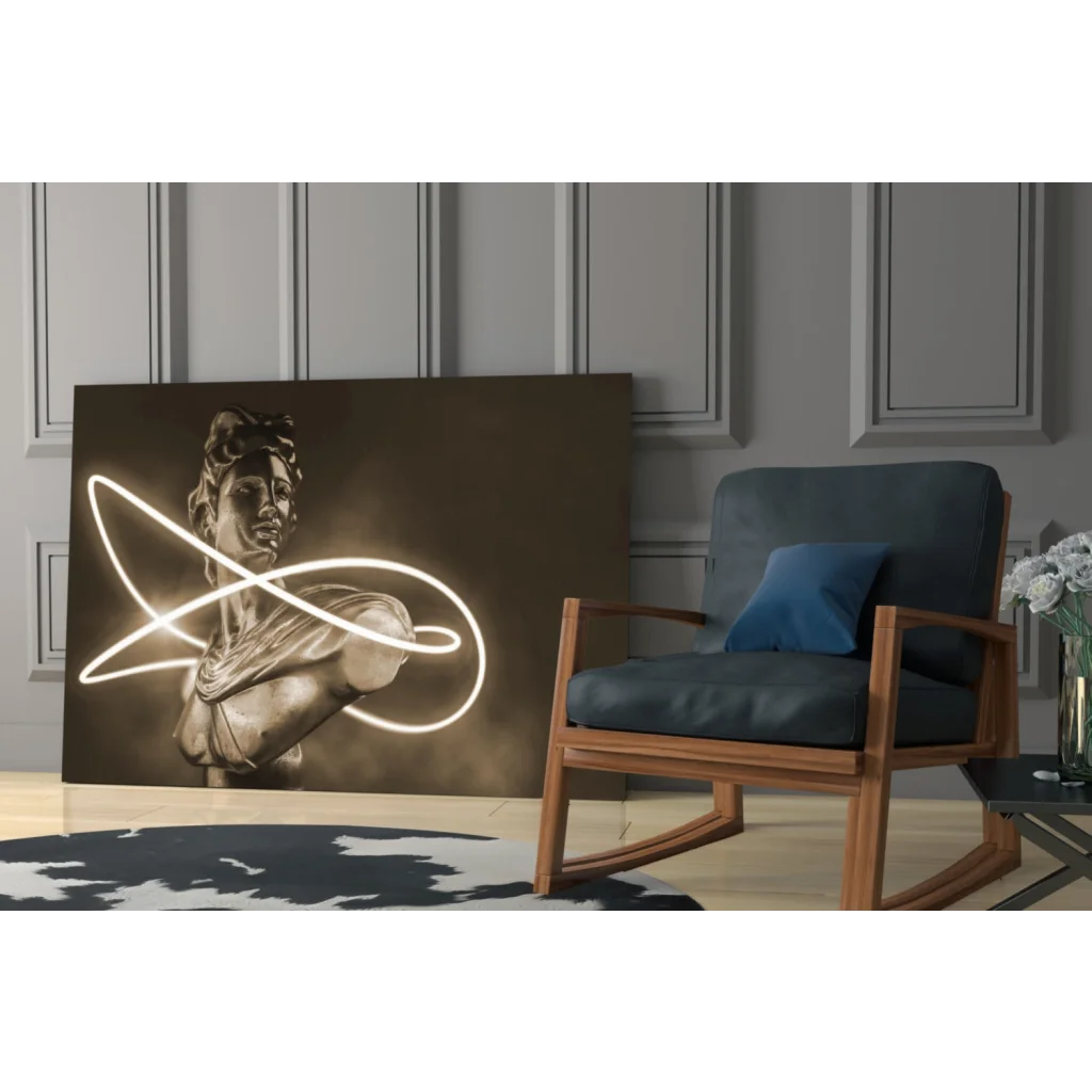 Glowing neon classical statue canvas wall art bust with bronze tones