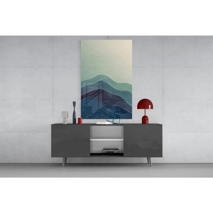 Stunning teal wave glass wall art panel with abstract mountain landscape