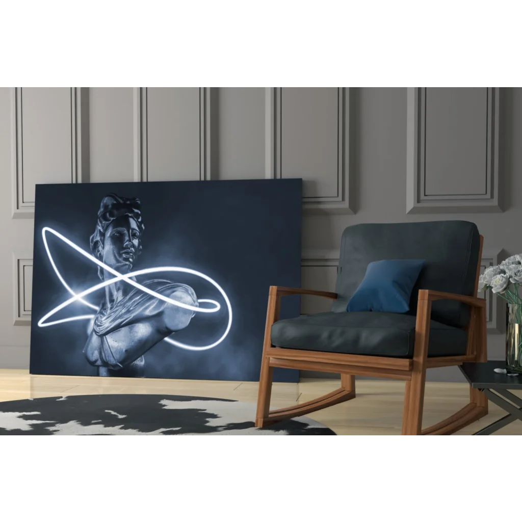 Glowing neon infinity bust on dark blue canvas wall art