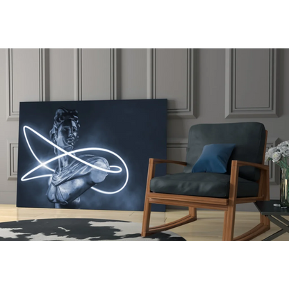 Glowing neon infinity bust on dark blue canvas wall art