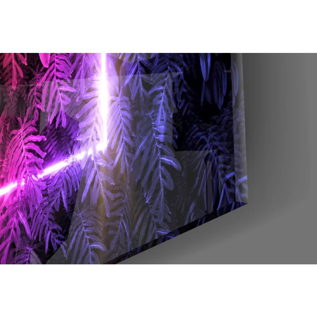 Neon Rainbow Glow glass wall art with tropical fern pattern