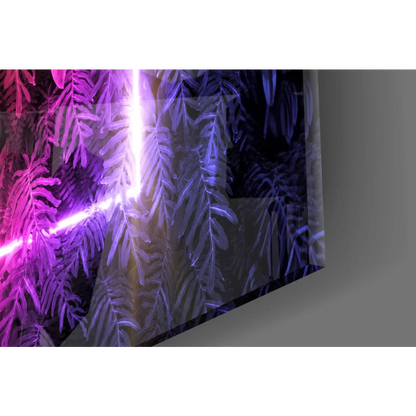 Neon Rainbow Glow glass wall art with tropical fern pattern