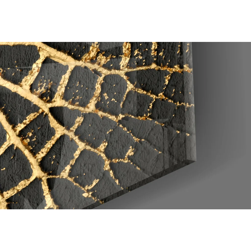 Stunning black gold leaf abstract art glass wall piece with cracked concrete texture