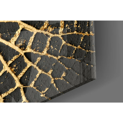 Stunning black gold leaf abstract art glass wall piece with cracked concrete texture