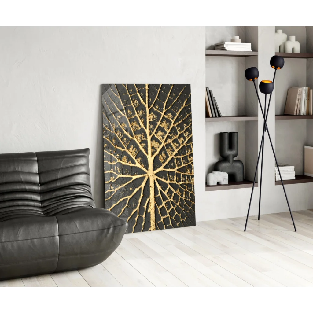 Stunning black gold leaf abstract art glass wall piece with intricate veins on tempered glass
