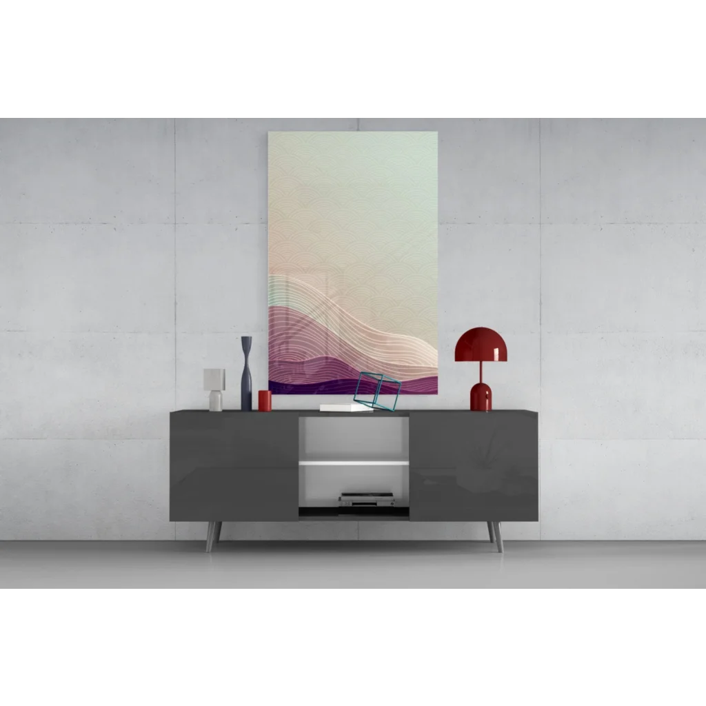 Dreamy purple mint gradient glass wall art with wavy pastel lines