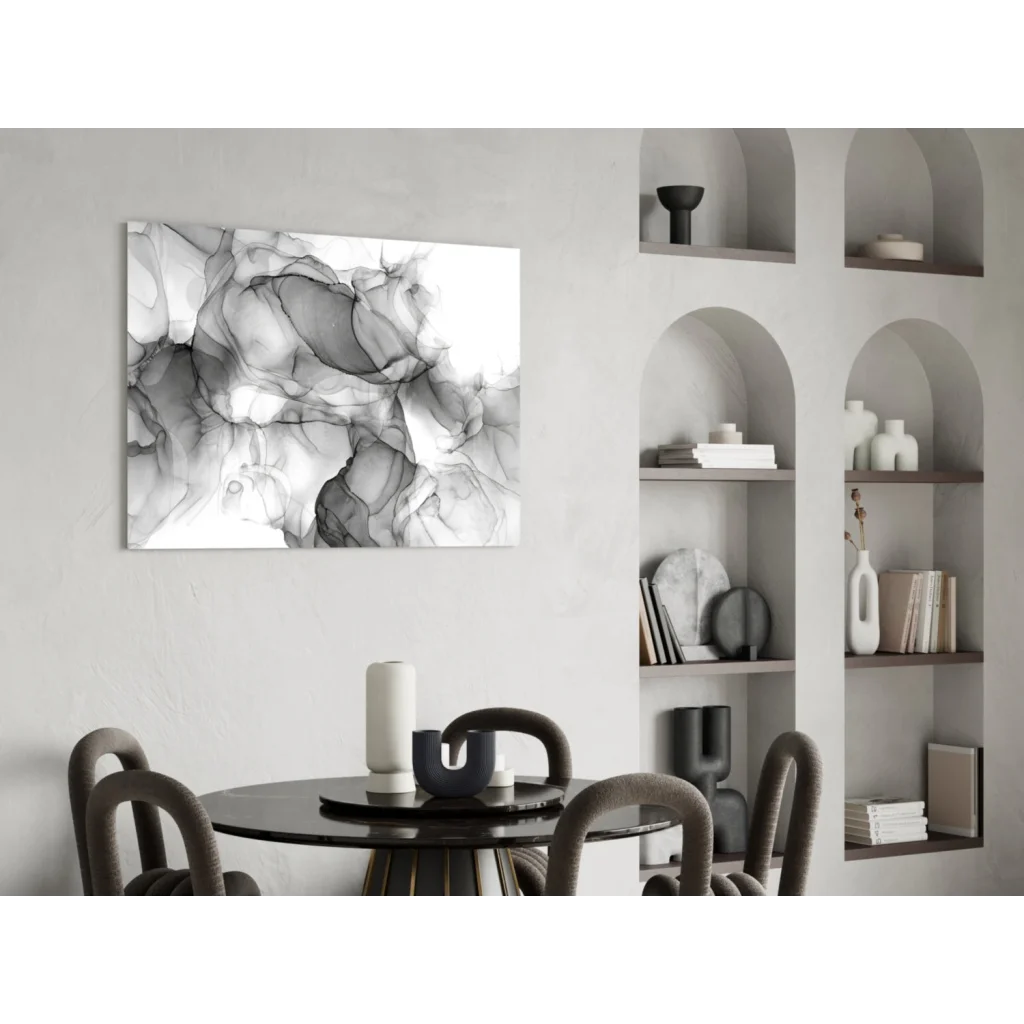 Modern black and white swirling inkblot wall art canvas on minimalist wall