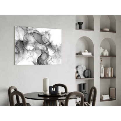 Modern black and white swirling inkblot wall art canvas on minimalist wall