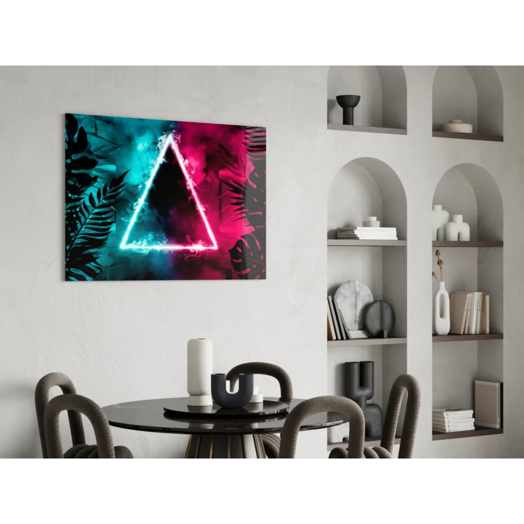 Vibrant neon triangle glass wall art with teal magenta foliage