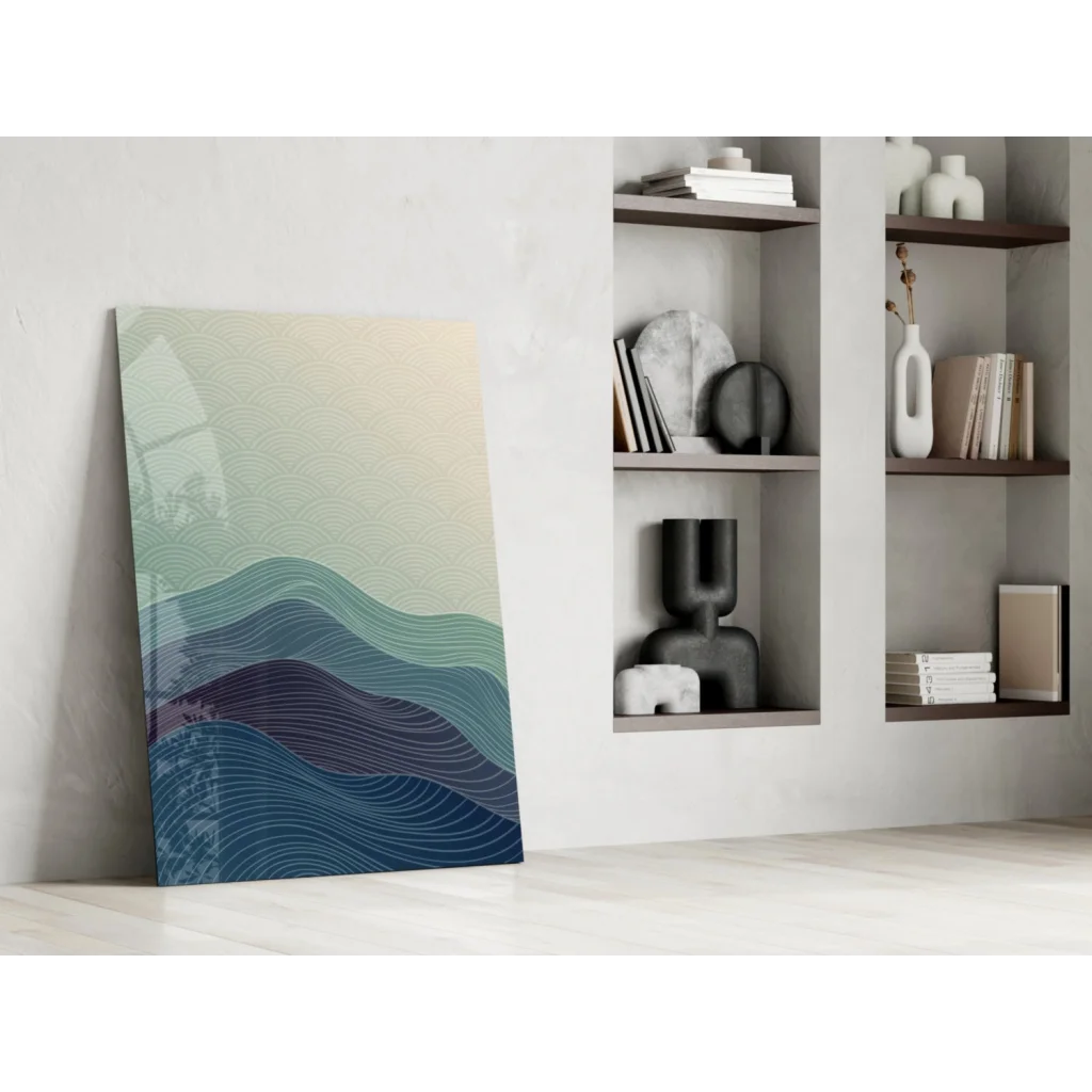 Stunning teal wave glass wall art panel with flowing abstract patterns