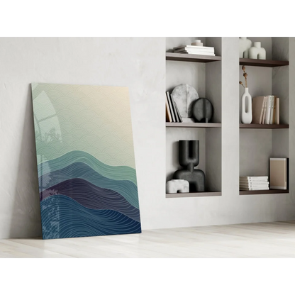 Stunning teal wave glass wall art panel with flowing abstract patterns