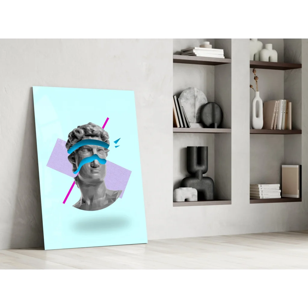 Stunning glass wall art of gray marble statue head with pink and blue geometric overlays