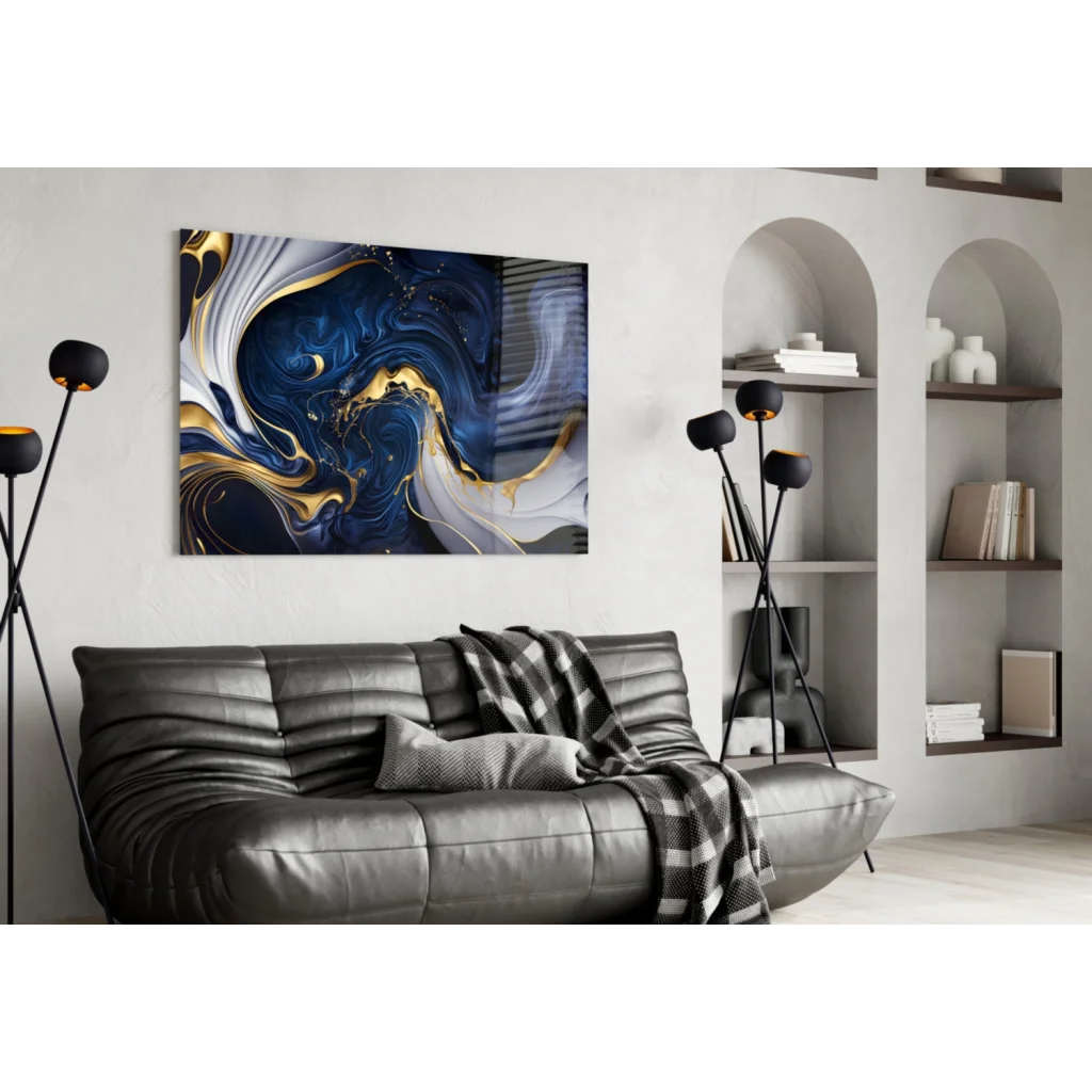 Modern navy blue gold swirl abstract canvas wall art with deep blue, gold, white patterns