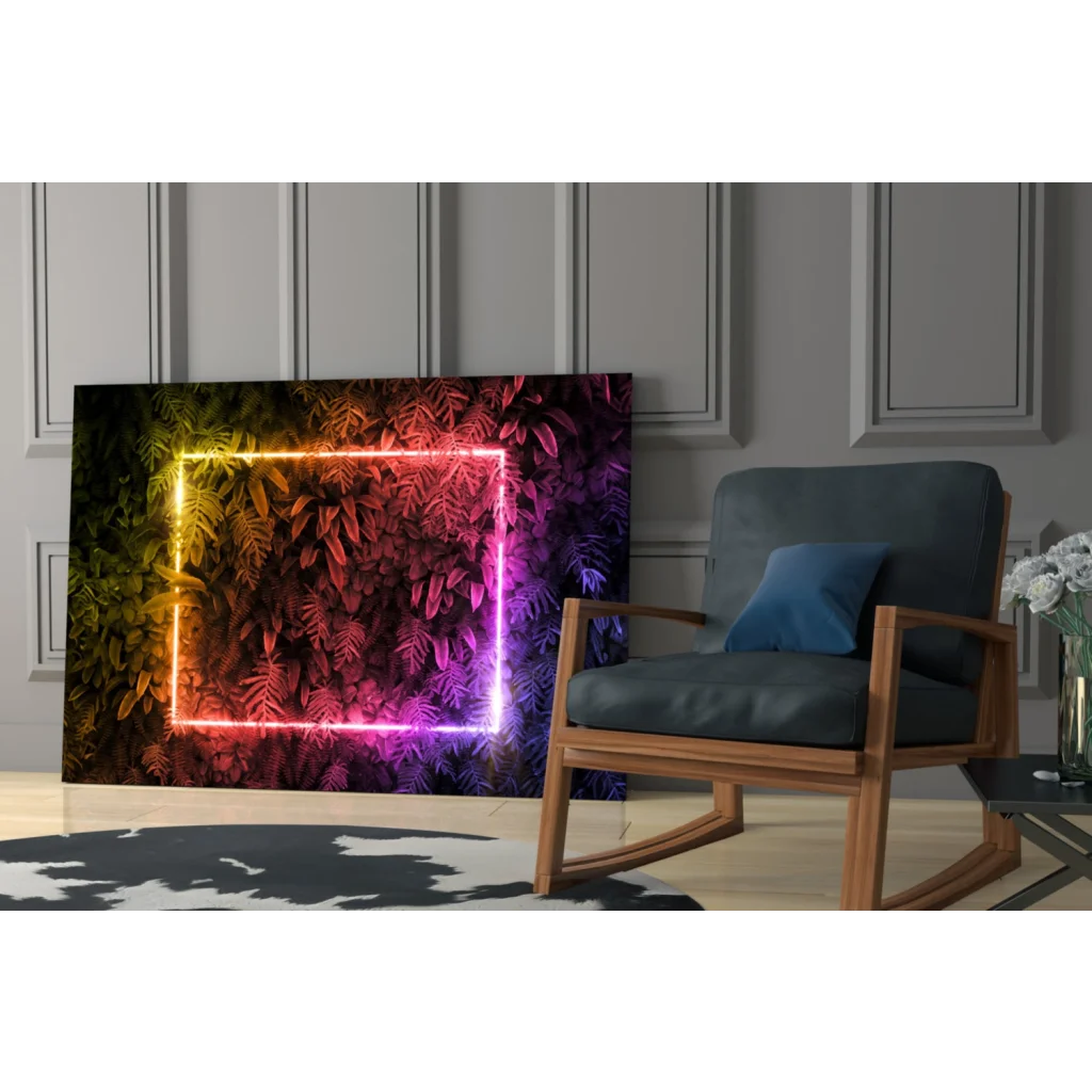 Vibrant neon rainbow glow glass wall art with tropical ferns