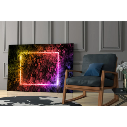 Vibrant neon rainbow glow glass wall art with tropical ferns