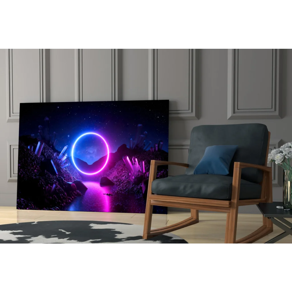 Neon purple blue glowing ring abstract art glass tempered glass wall print