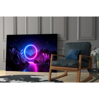 Neon purple blue glowing ring abstract art glass tempered glass wall print