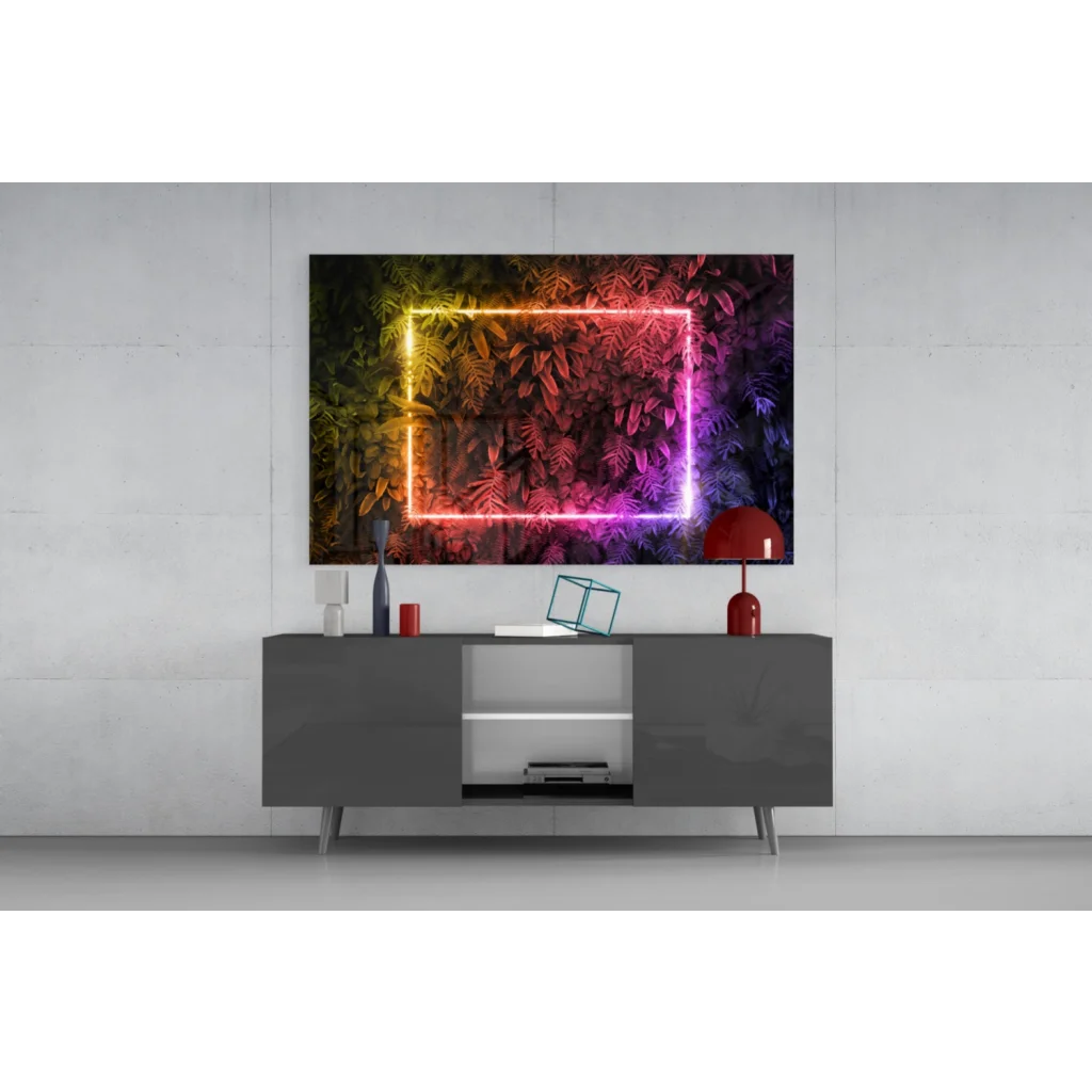 Vibrant neon glass wall art with tropical ferns in rainbow glow