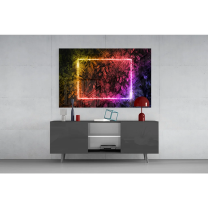 Vibrant neon glass wall art with tropical ferns in rainbow glow