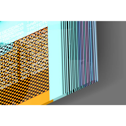 Neon Classical Bust glass wall art with DNA base pairs and rainbow stripes