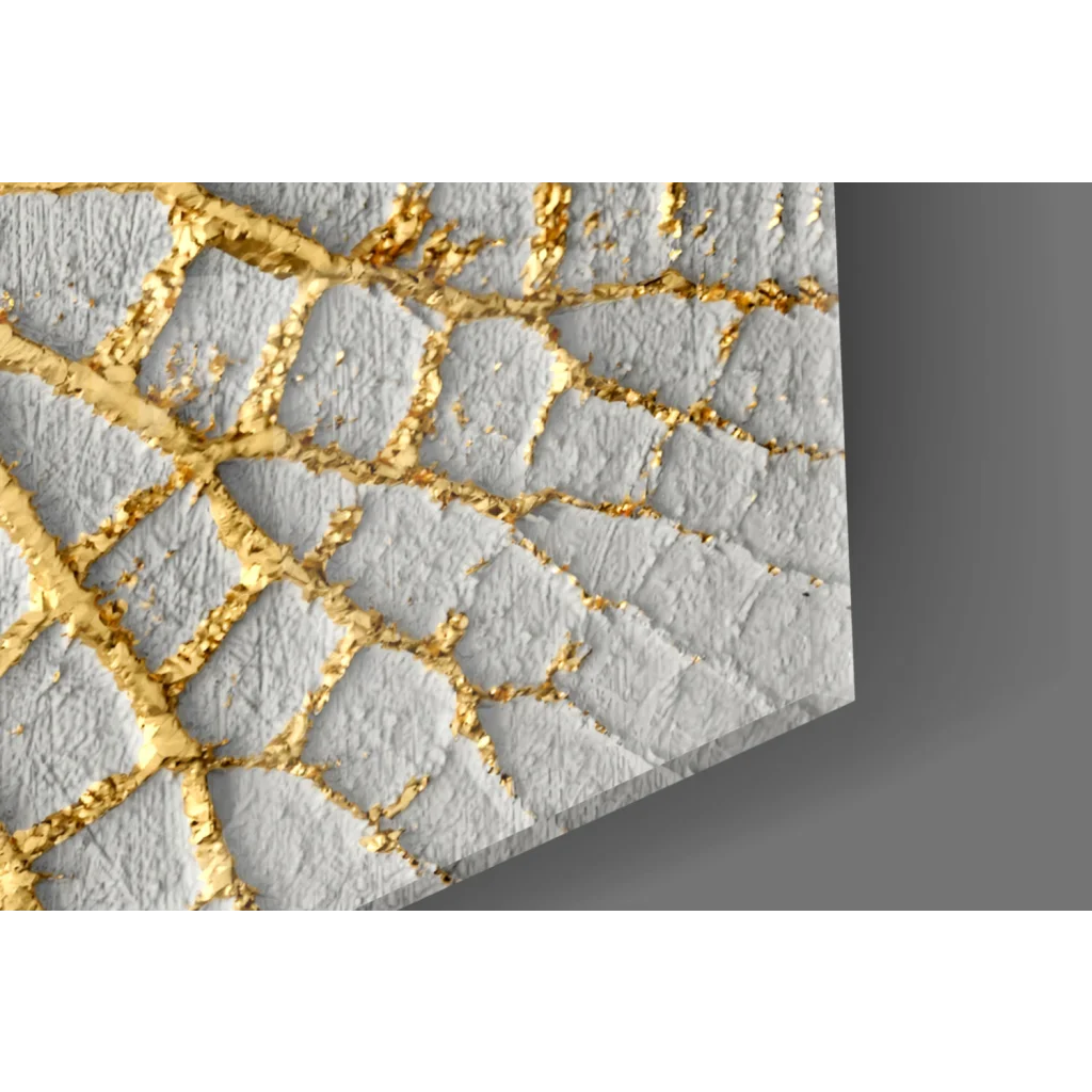 Textured white and gold mosaic wall art with cracked leaf design