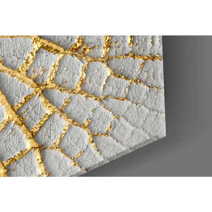 Textured white and gold mosaic wall art with cracked leaf design