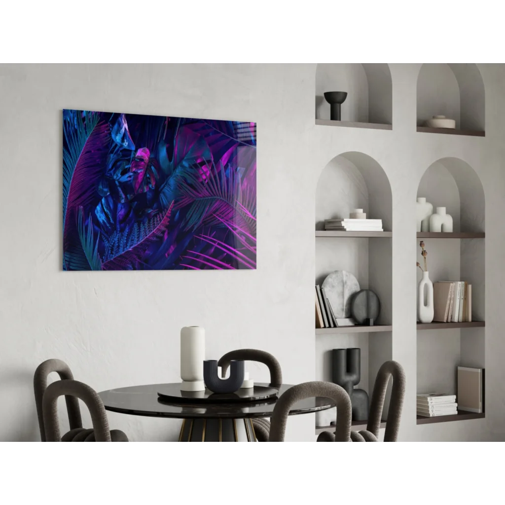 Vibrant neon purple electric blue tropical foliage glass wall art