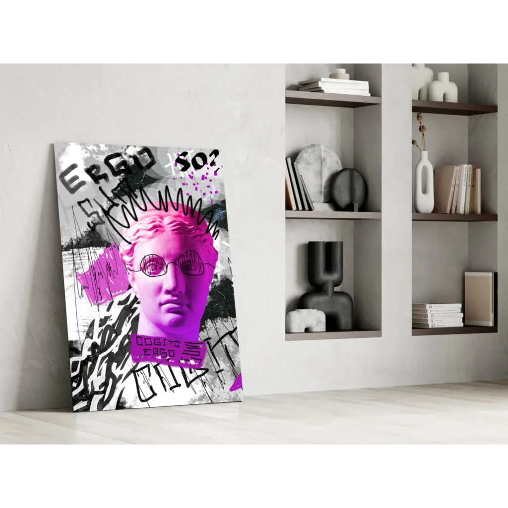 Vibrant pink purple graffiti bust with glasses glass wall art canvas print