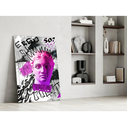 Vibrant pink purple graffiti bust with glasses glass wall art canvas print