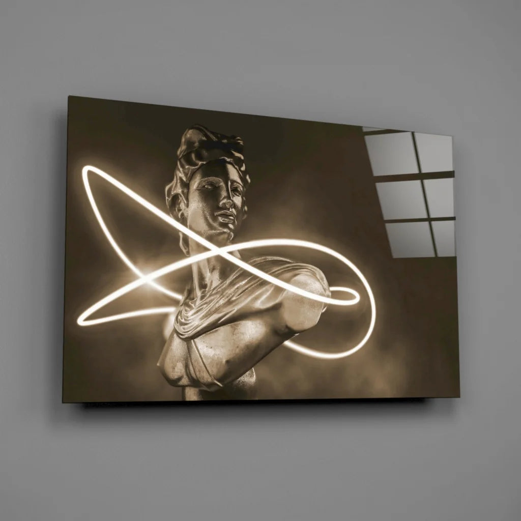 Glowing neon infinity on bronze classical statue bust wall art