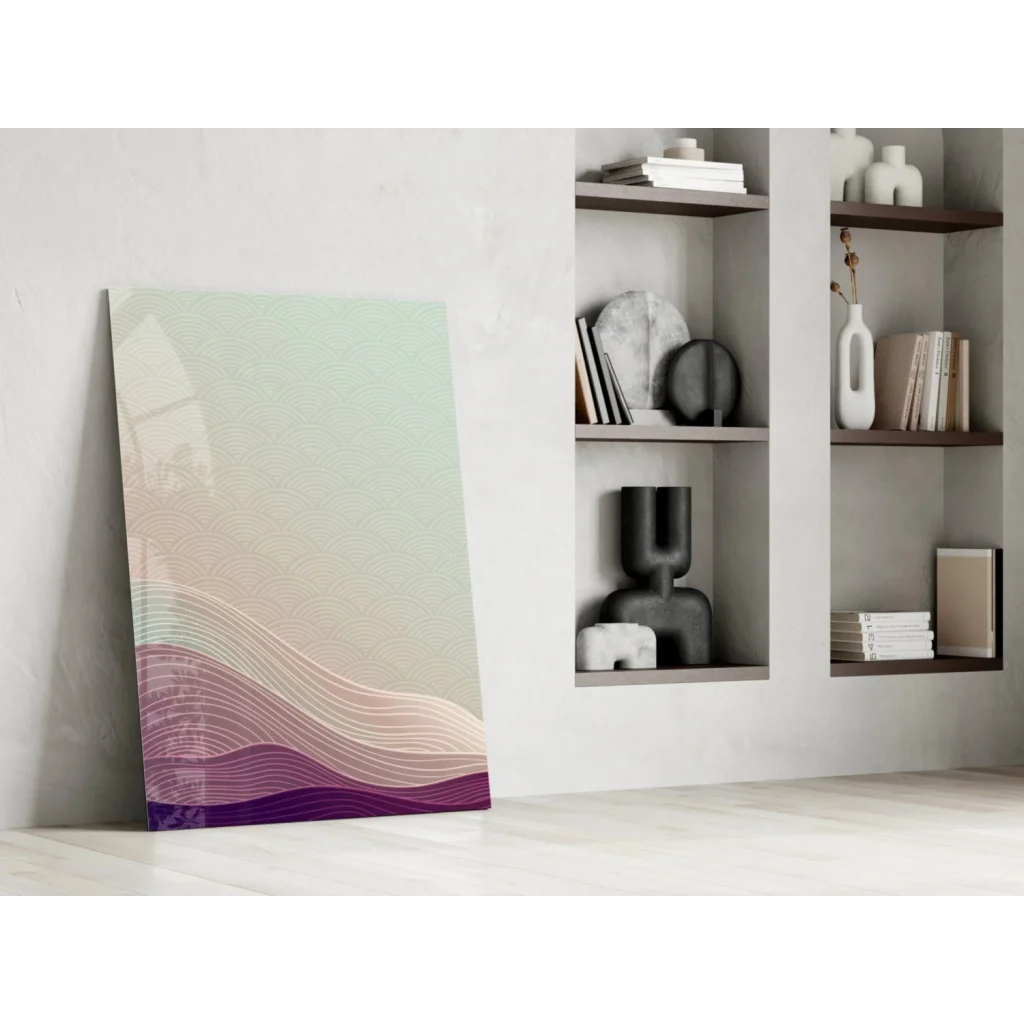 Modern glass wall art with dreamy purple mint wave gradient