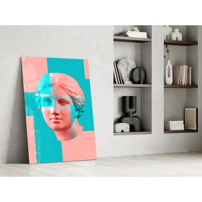 Vibrant pop-art geometric marble bust wall art canvas in pink and teal