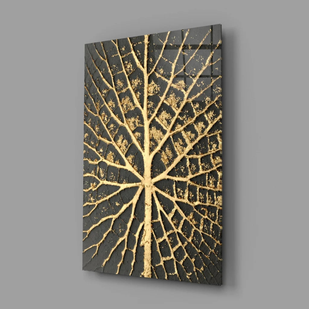 Stunning black gold leaf abstract art glass wall piece with textured raised design