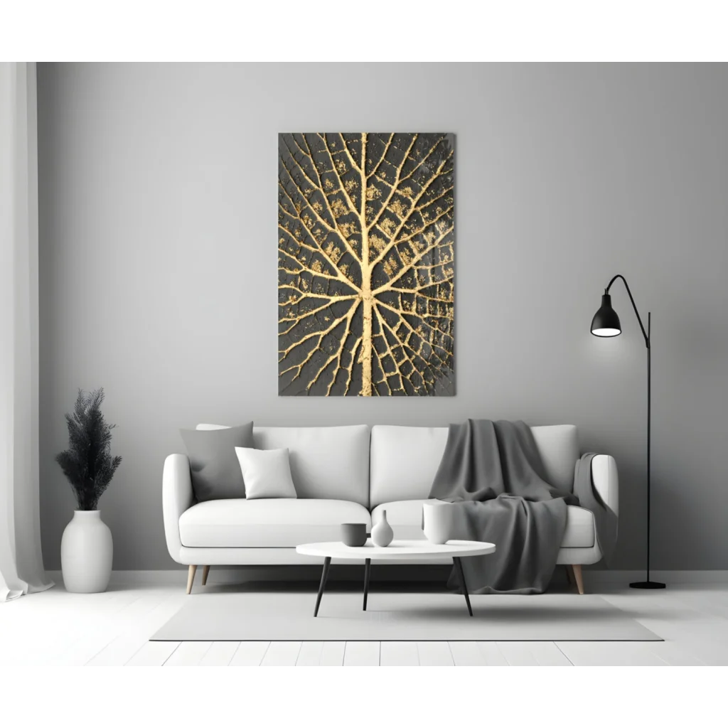 Stunning black gold leaf abstract art glass wall piece with intricate veins