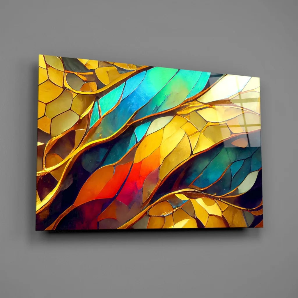 Vibrant stained glass wall art in golden teal red hues with gold geometric patterns