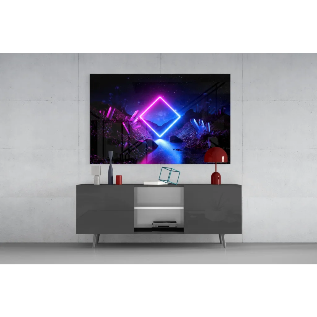 Neon Portal tempered glass wall art with cosmic crystals and vibrant neon shapes