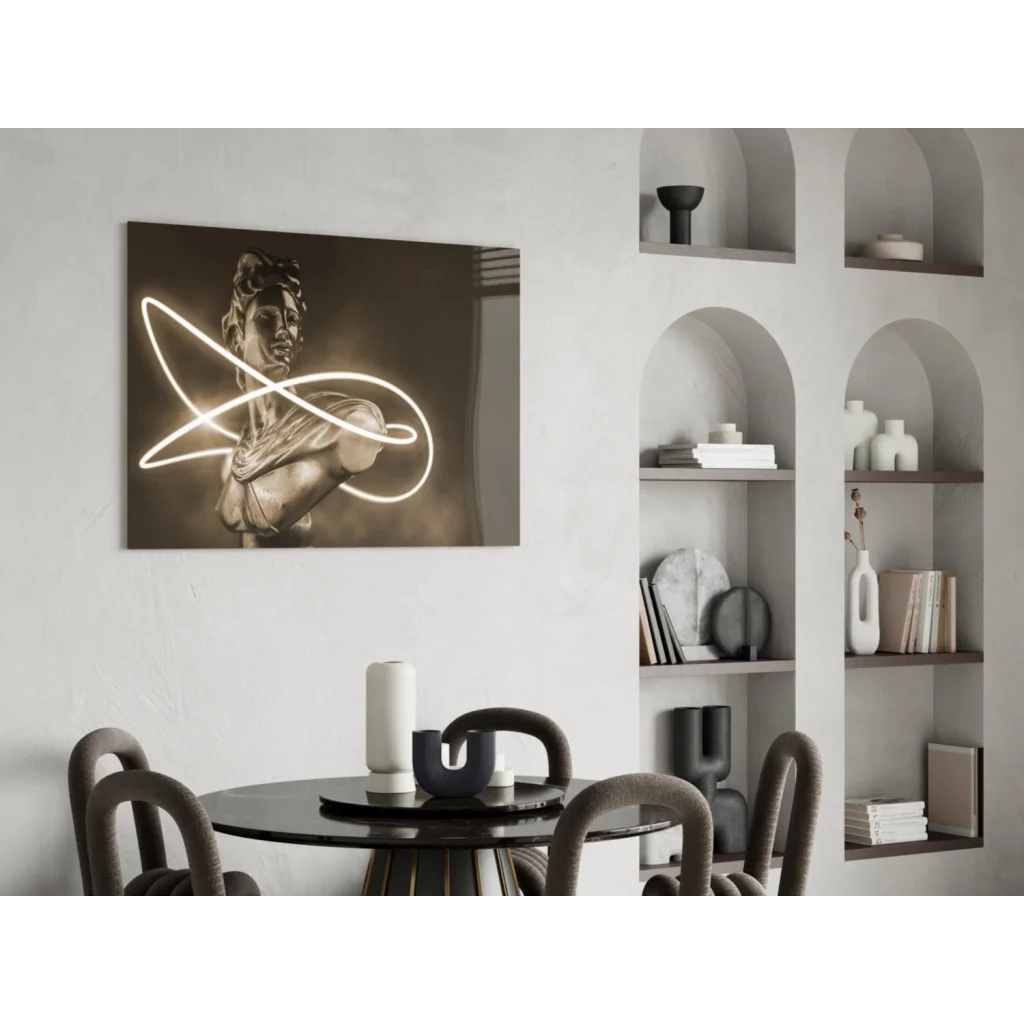 Modern black-and-white classical statue bust canvas wall art with neon glow