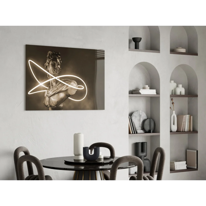 Modern black-and-white classical statue bust canvas wall art with neon glow