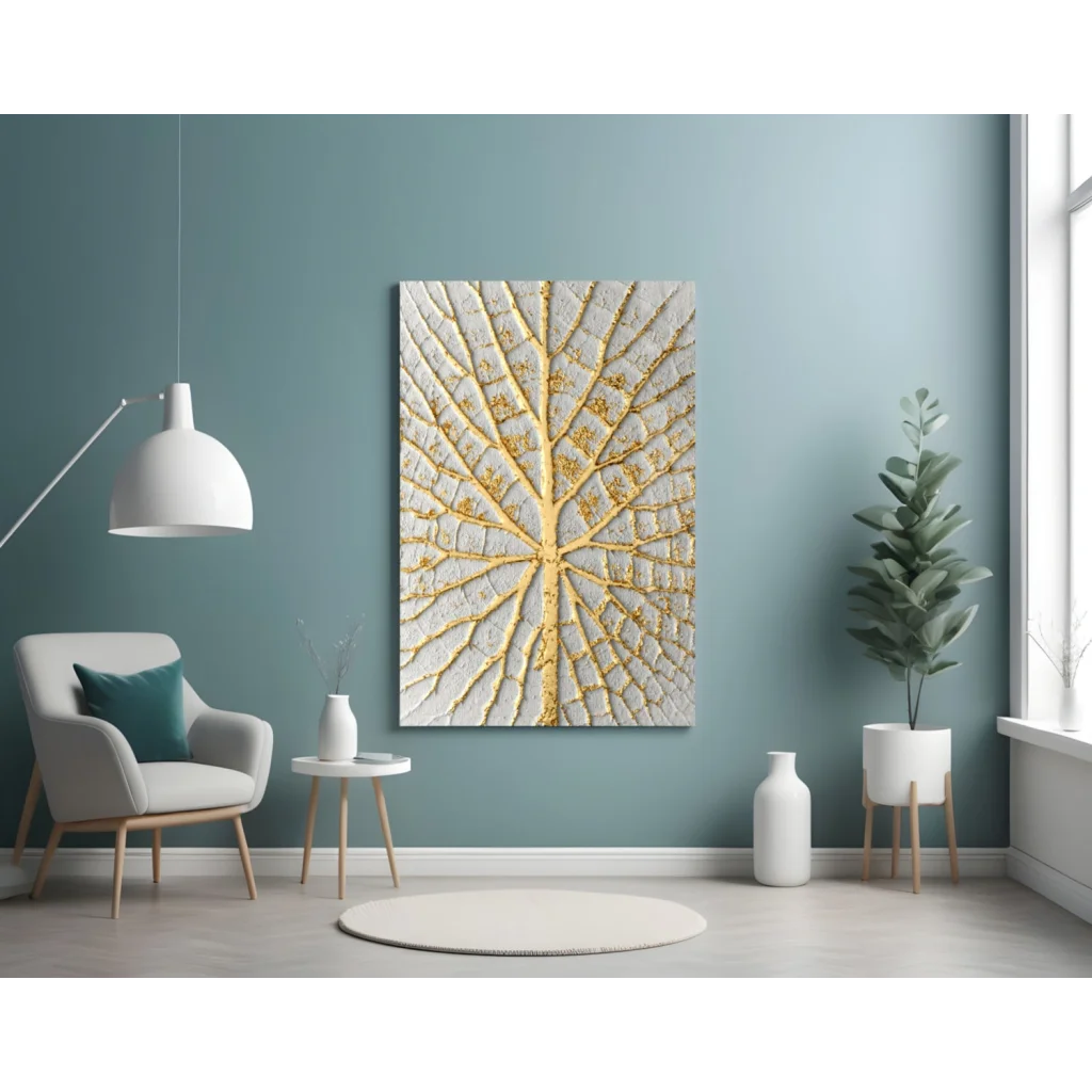Golden leaf textured canvas wall art on white background