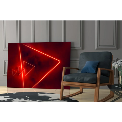 Vibrant red neon triangle glass wall art on dark background