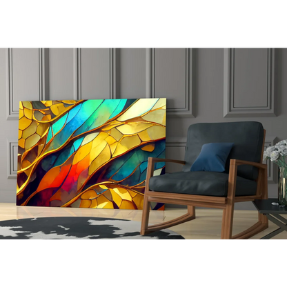 Stunning stained glass wall art with golden teal orange flow