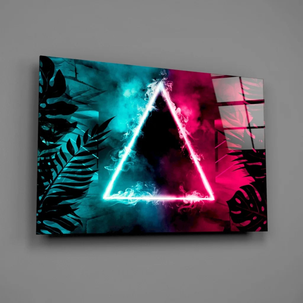 Neon triangle glass wall art with glowing cyan pink edges and tropical leaves