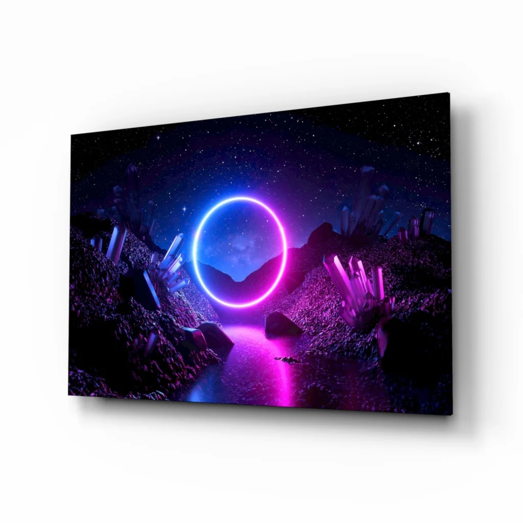 Neon purple blue glowing ring on tempered glass wall art under starry sky