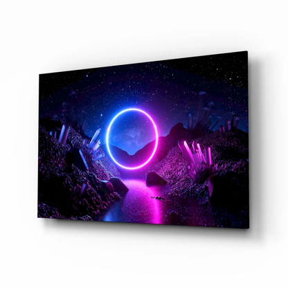 Neon purple blue glowing ring on tempered glass wall art under starry sky