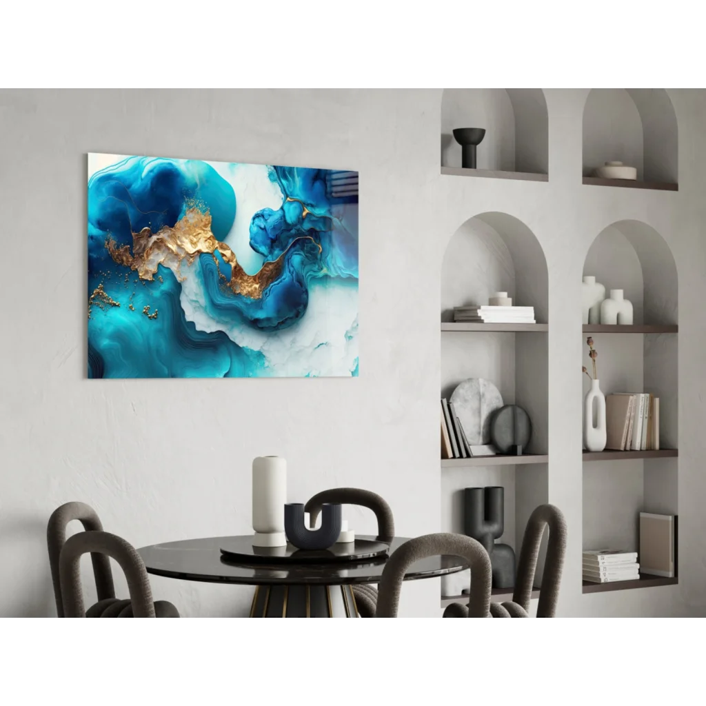 Vibrant blue and gold glass wall art with fluid marble swirls