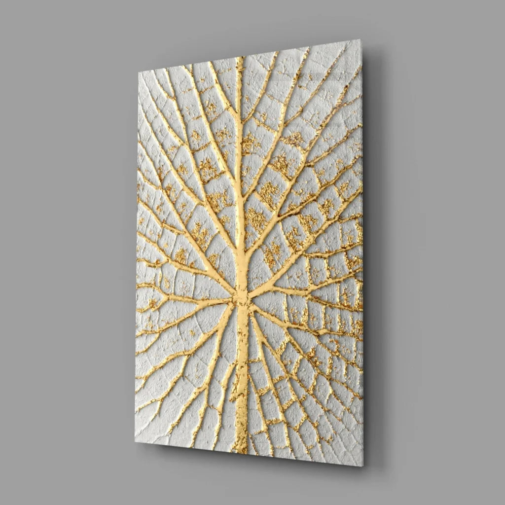 Textured golden leaf canvas wall art with raised veins on white background